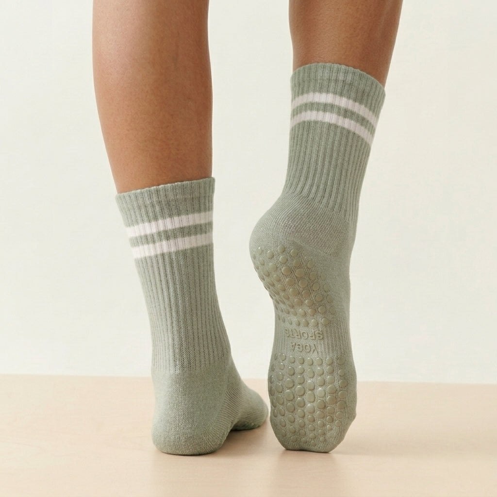 Green Stripped Cute Grippy Pilates Grip Socks