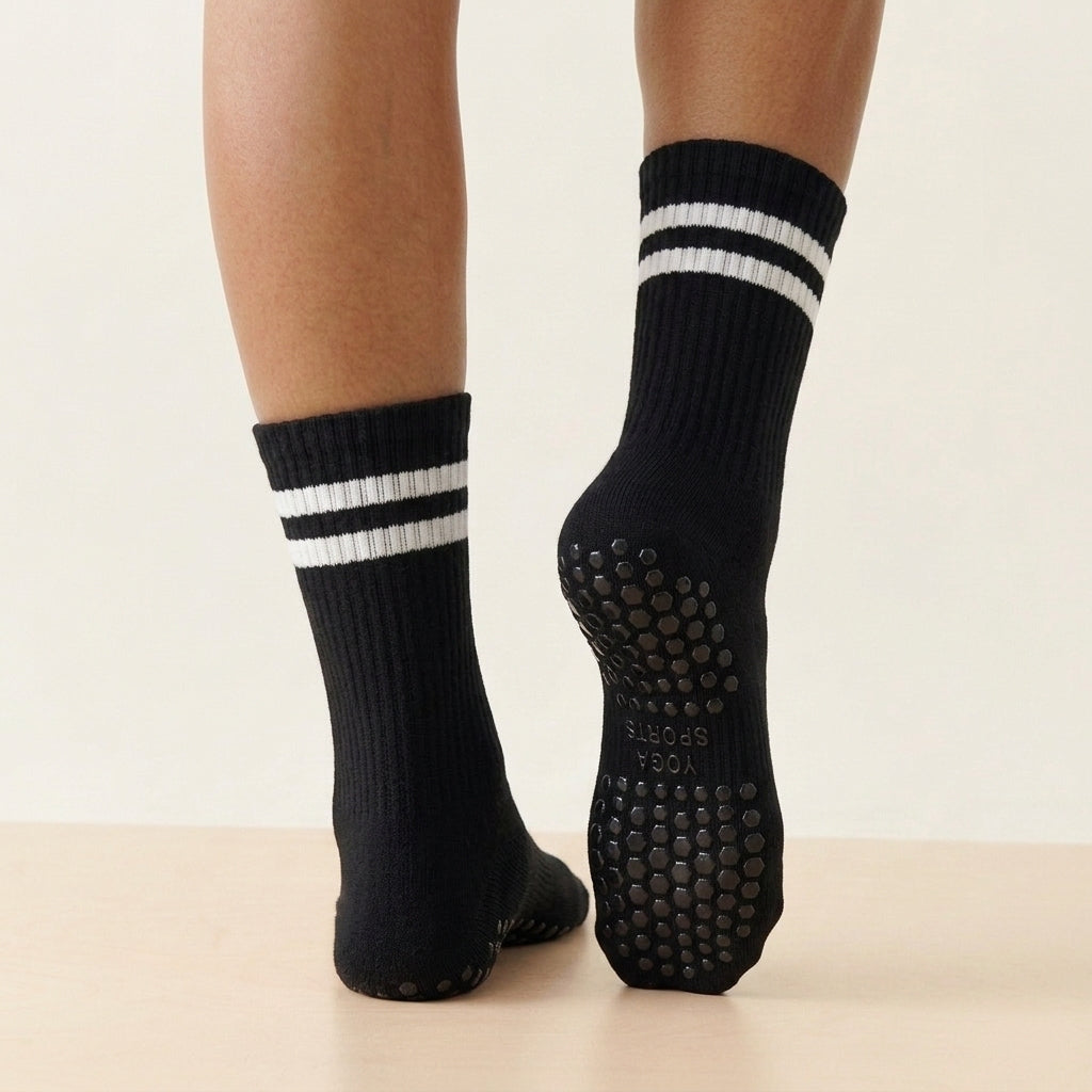 Black Stripped Cute Grippy Pilates Grip Socks