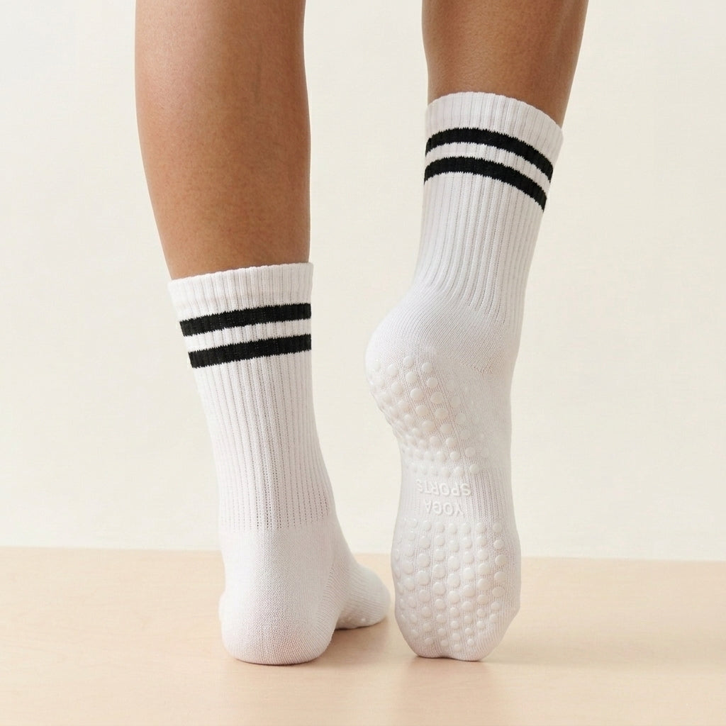 White Stripped Cute Grippy Pilates Grip Socks