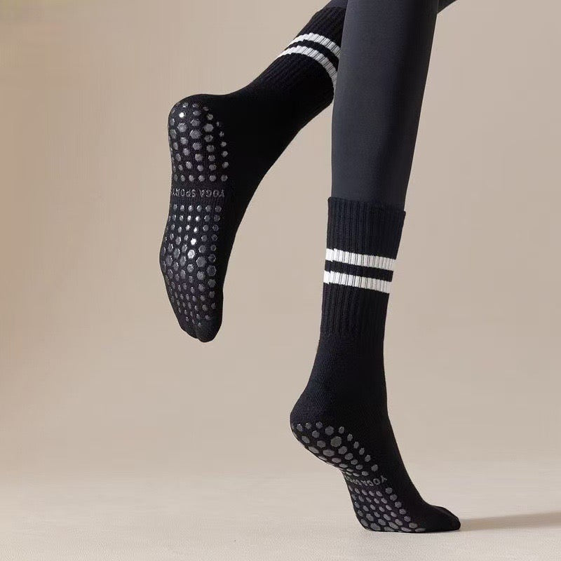 Black Stripped Cute Pilates Grip Socks