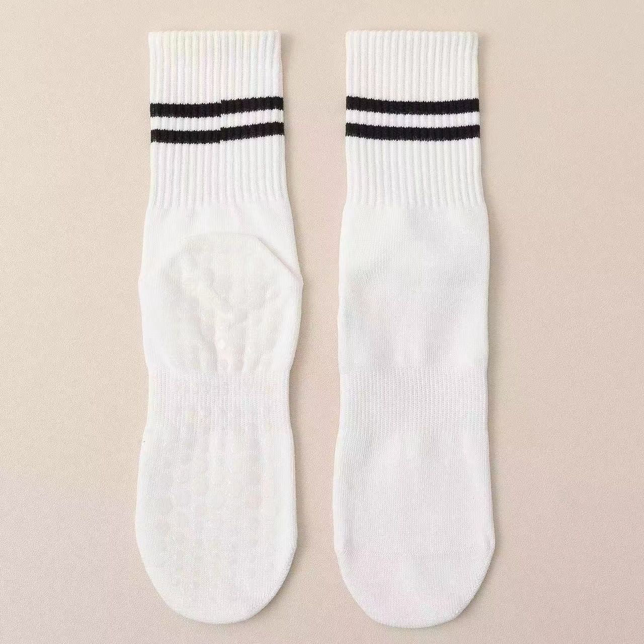 White Stripped Cute Pilates Grip Socks
